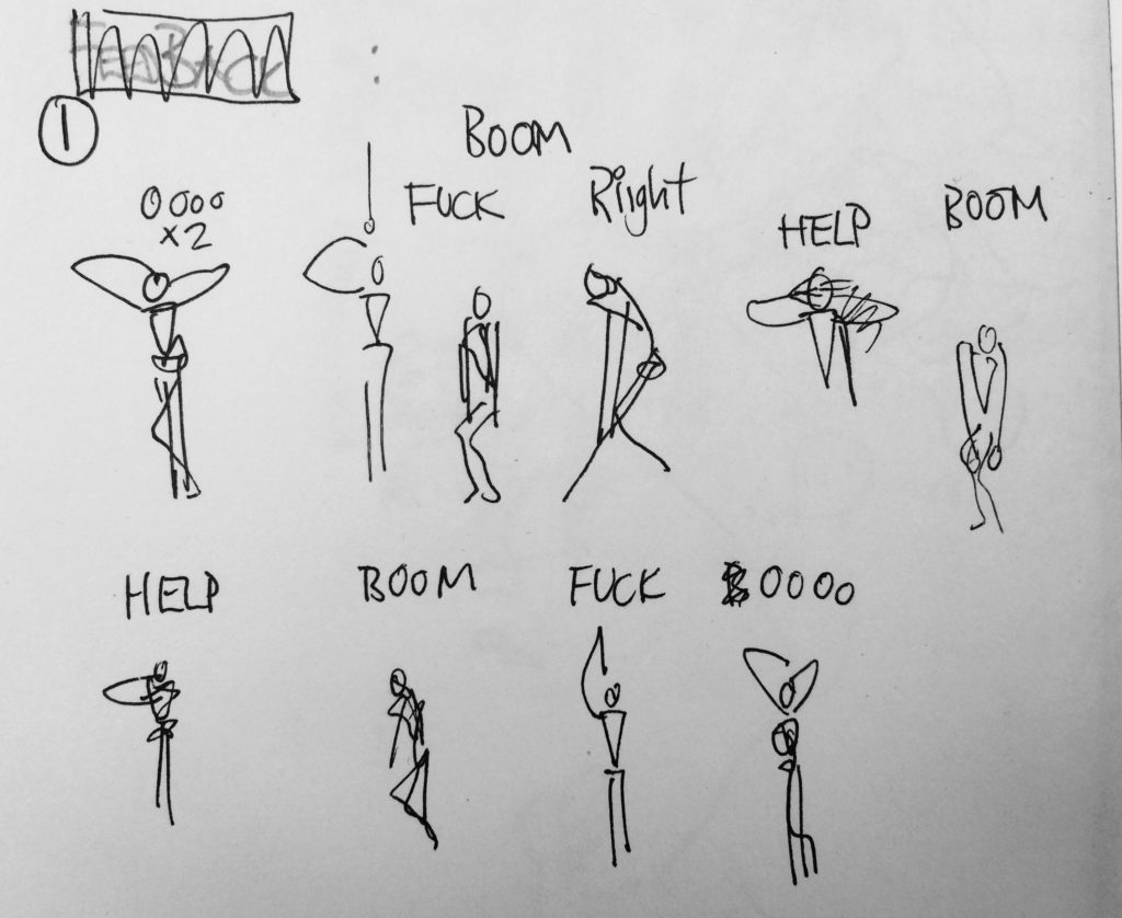 Sketches of movement - stick figures 'Boom, Fuck, Right, Help, Boom, Help, Boom, Fuck'